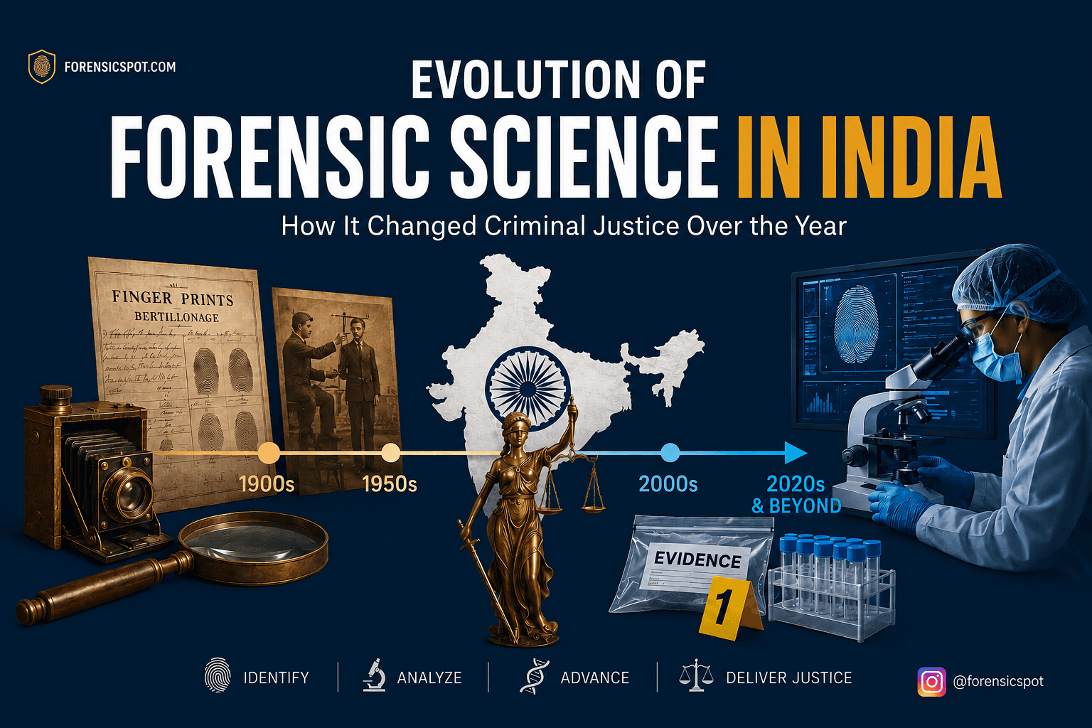 Evolution of forensic science in India infographic showing the journey from traditional fingerprint analysis to modern DNA and forensic laboratory techniques.