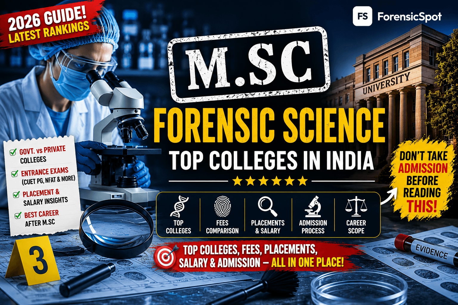 Promotional banner for M.Sc Forensic Science top colleges in India featuring a forensic scientist using a microscope, university building background, crime scene investigation tools, and bold text highlighting rankings, fees, placements, admission process, entrance exams, and car